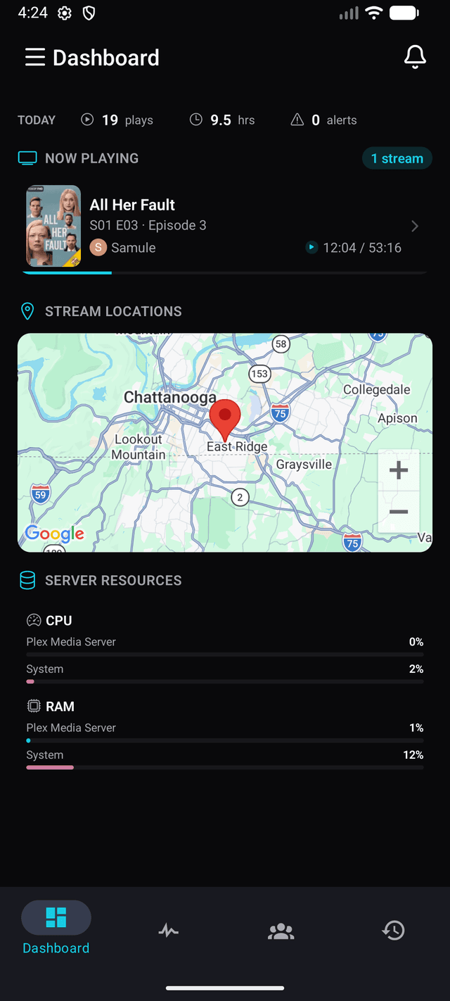 Tracearr mobile app dashboard showing active streams, stream locations map, and server resources