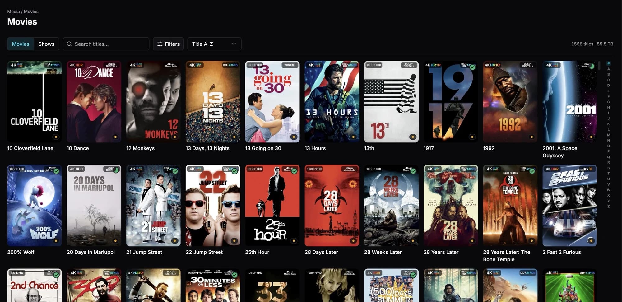 Tracearr browse view showing a movie poster grid with quality badges, search, filters, sort control, and an A to Z rail