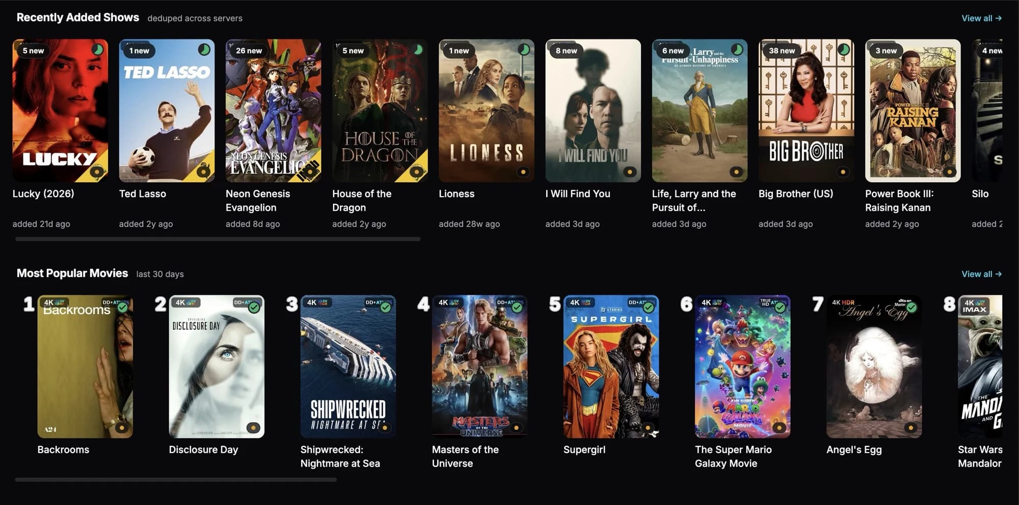 Tracearr recently added shows and most popular movies shelves, deduplicated across servers, with new-episode counts on the posters
