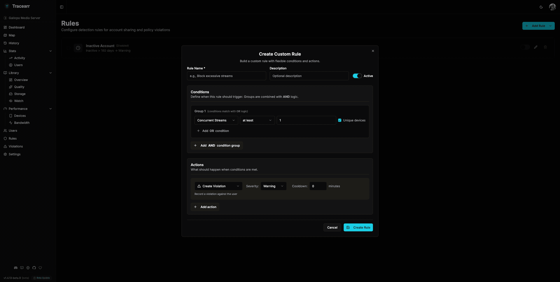 Tracearr rules configuration interface showing conditions and actions