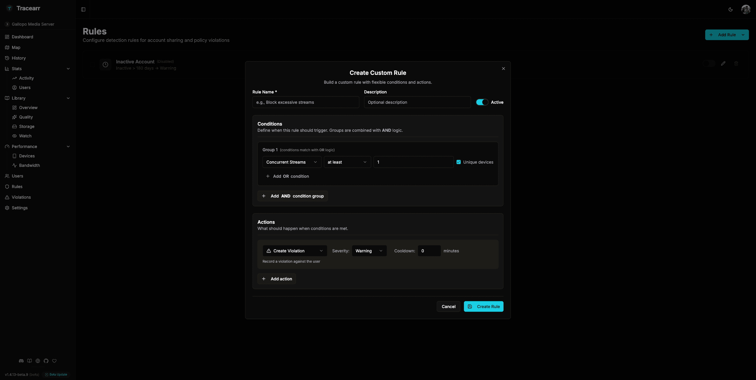 Rules builder with condition groups and actions