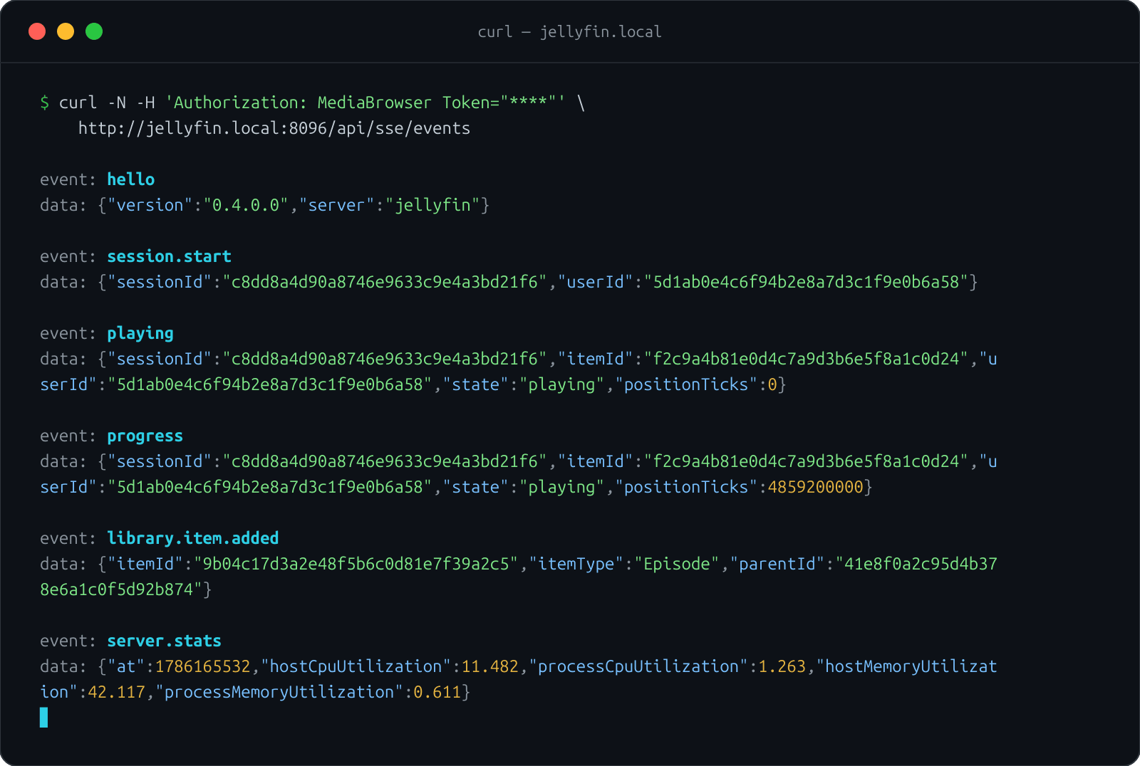 curl connected to the Jellyfin SSE endpoint, streaming playback, session, library, and server stat events