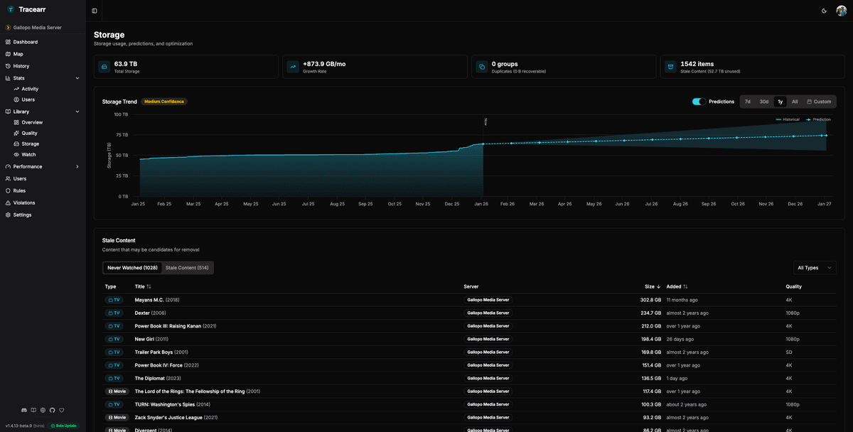 Tracearr storage analytics showing library sizes and growth trends
