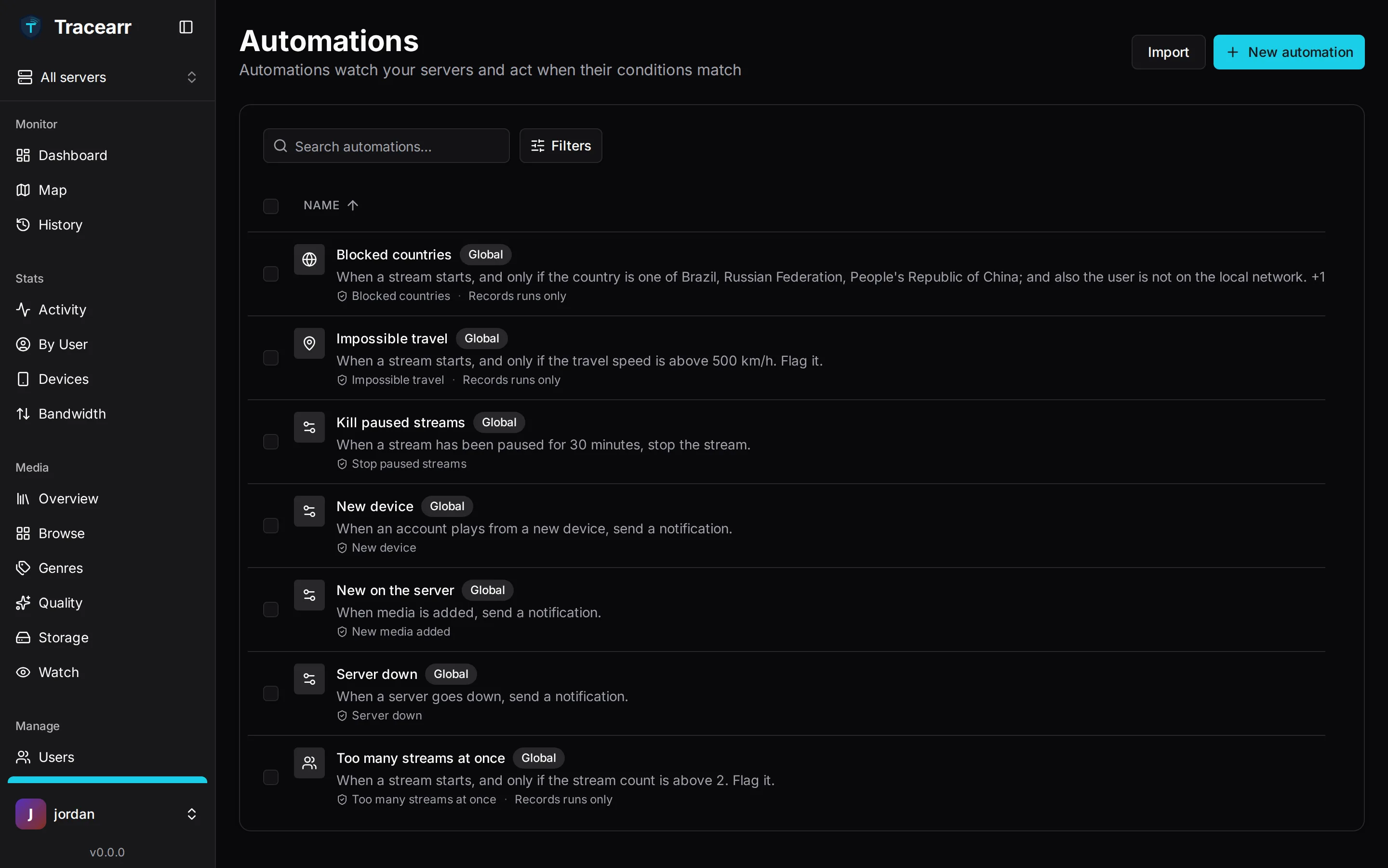 Automations - Tracearr feature screenshot